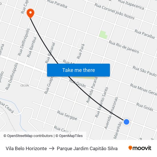 Vila Belo Horizonte to Parque Jardim Capitão Silva map