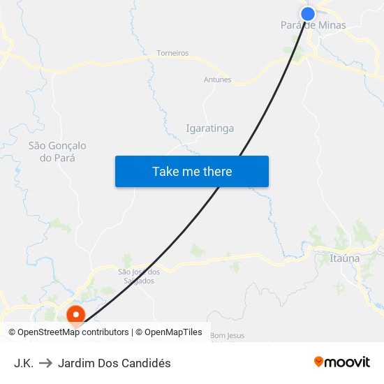 J.K. to Jardim Dos Candidés map