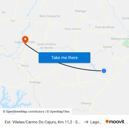 Est. Vilelas/Carmo Do Cajuru, Km 11,2 - Sentido Carmo Do Cajuru | Povoado De Aroeiras to Lagoa da Prata map