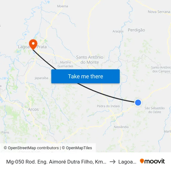 Mg-050 Rod. Eng. Aimoré Dutra Filho, Km 150,8 Oeste | Entr. Aparecida Do Oeste to Lagoa da Prata map