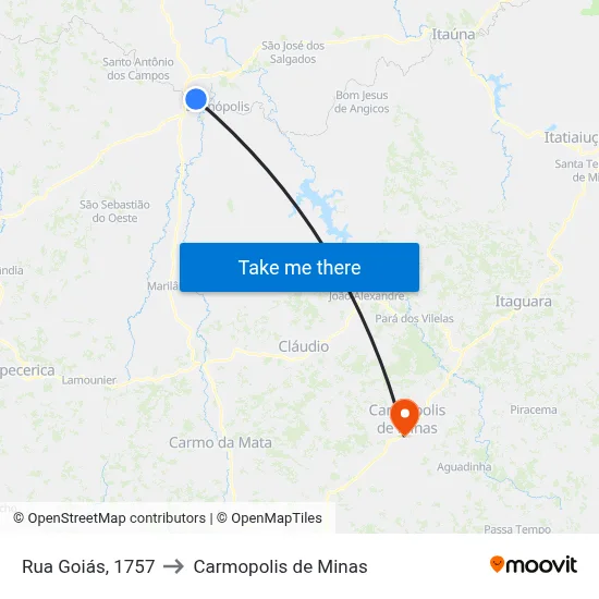Rua Goiás, 1757 to Carmopolis de Minas map