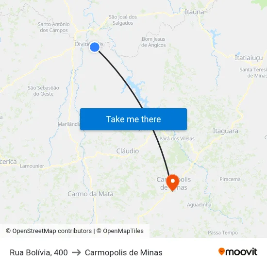 Rua Bolívia, 400 to Carmopolis de Minas map