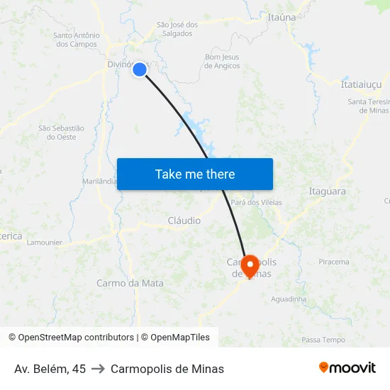 Av. Belém, 45 to Carmopolis de Minas map