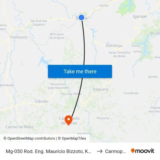 Mg-050 Rod. Eng. Maurício Bizzoto, Km 86,7 Oeste | Abrigo Na Entrada De Itaúna to Carmopolis de Minas map
