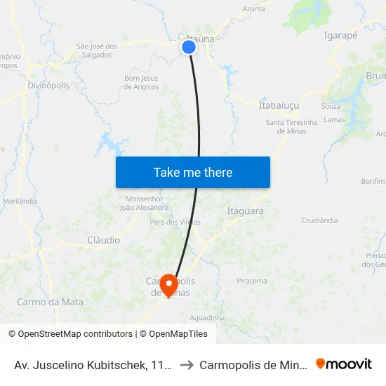 Av. Juscelino Kubitschek, 1100 to Carmopolis de Minas map