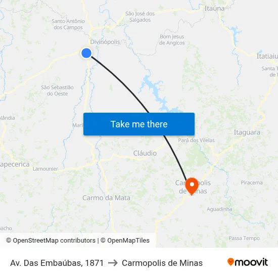 Av. Das Embaúbas, 1871 to Carmopolis de Minas map