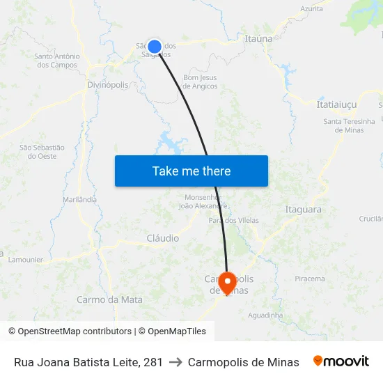 Rua Joana Batista Leite, 281 to Carmopolis de Minas map