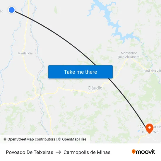 Povoado De Teixeiras to Carmopolis de Minas map