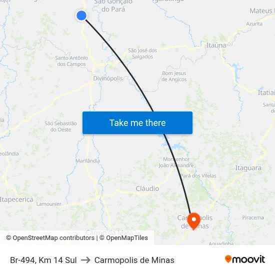 Br-494, Km 14 Sul to Carmopolis de Minas map