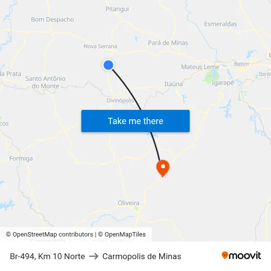 Br-494, Km 10 Norte to Carmopolis de Minas map