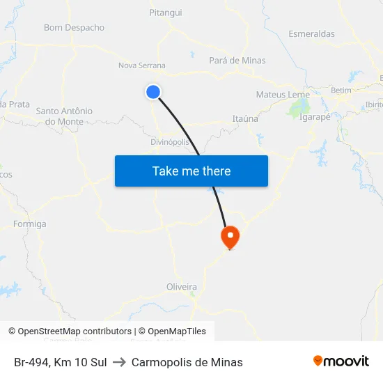 Br-494, Km 10 Sul to Carmopolis de Minas map