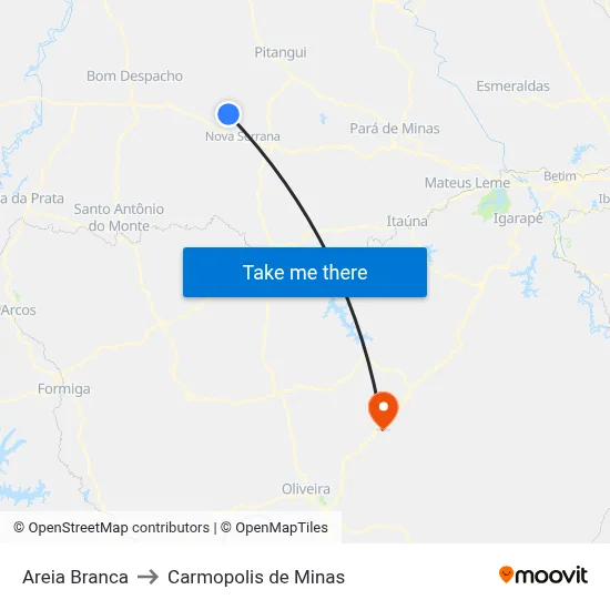 Areia Branca to Carmopolis de Minas map