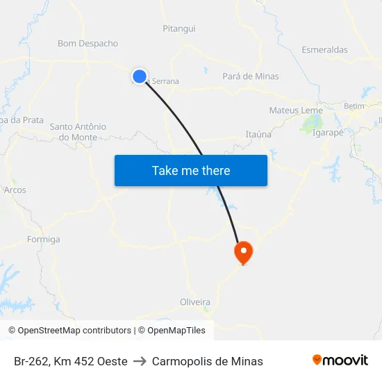 Br-262, Km 452 Oeste to Carmopolis de Minas map
