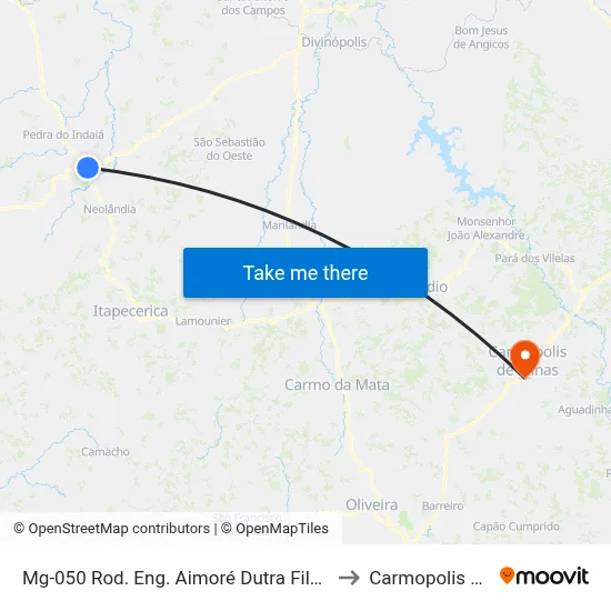 Mg-050 Rod. Eng. Aimoré Dutra Filho, Km 164,0 Oeste to Carmopolis de Minas map