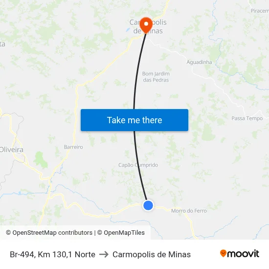 Br-494, Km 130,1 Norte to Carmopolis de Minas map