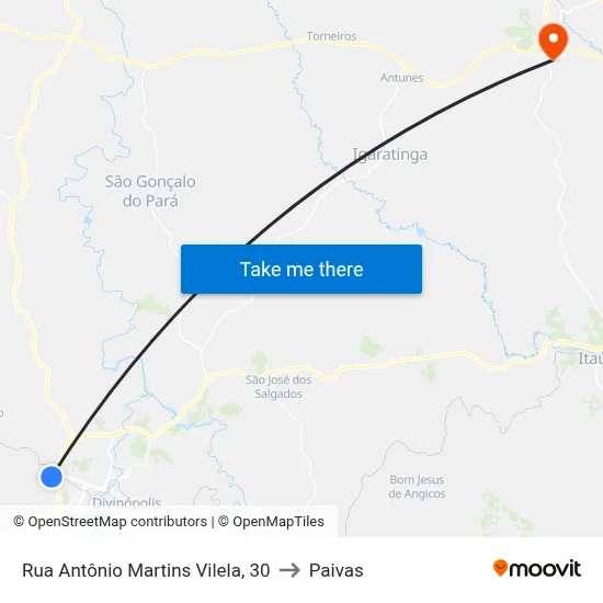 Rua Antônio Martins Vilela, 30 to Paivas map