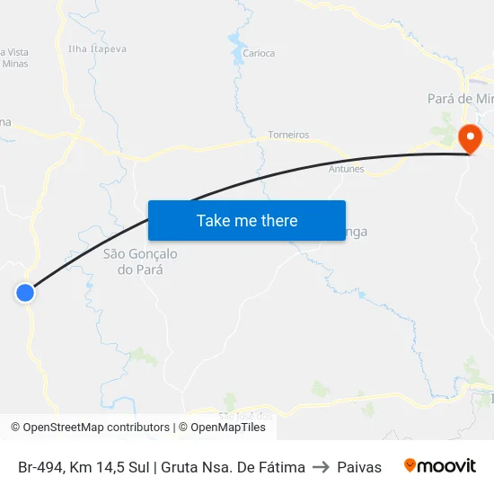 Br-494, Km 14,5 Sul | Gruta Nsa. De Fátima to Paivas map
