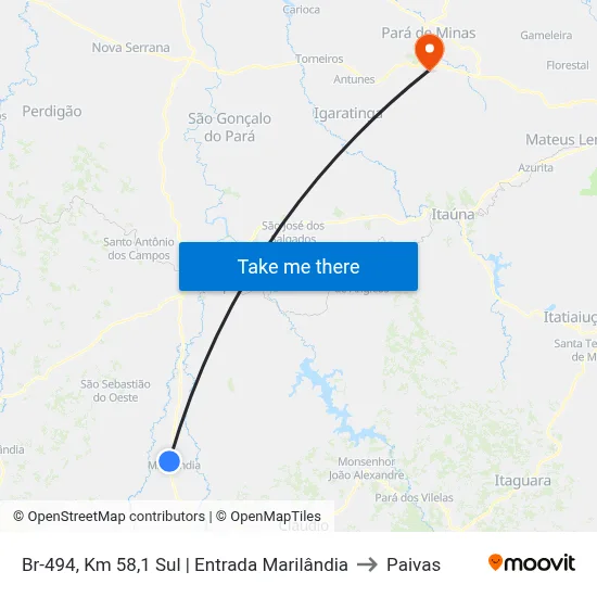Br-494, Km 58,1 Sul | Entrada Marilândia to Paivas map