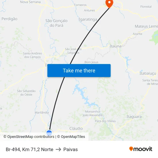 Br-494, Km 71,2 Norte to Paivas map