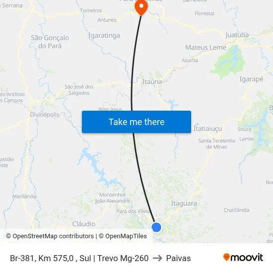 Br-381, Km 575,0 , Sul | Trevo Mg-260 to Paivas map