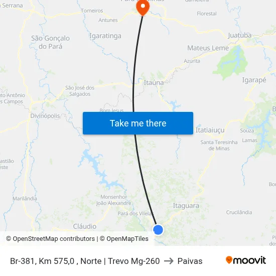 Br-381, Km 575,0 , Norte | Trevo Mg-260 to Paivas map