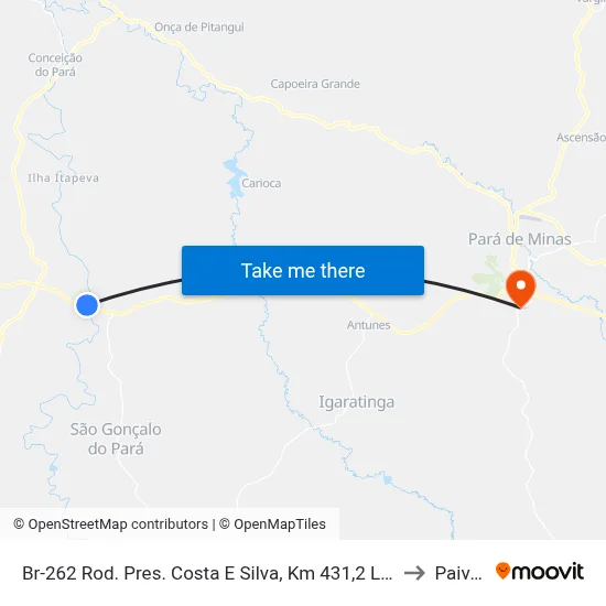 Br-262 Rod. Pres. Costa E Silva, Km 431,2 Leste to Paivas map