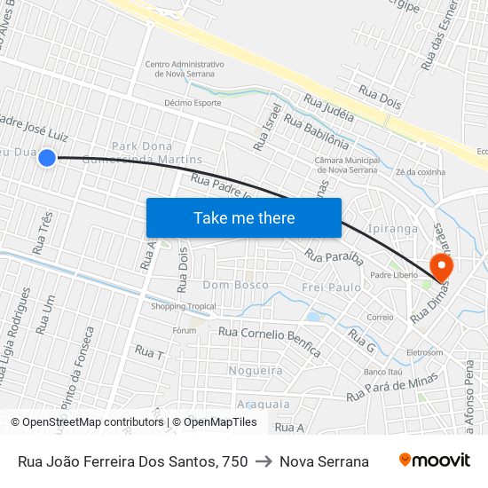 Rua João Ferreira Dos Santos, 750 to Nova Serrana map