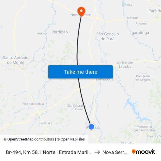 Br-494, Km 58,1 Norte | Entrada Marilândia to Nova Serrana map