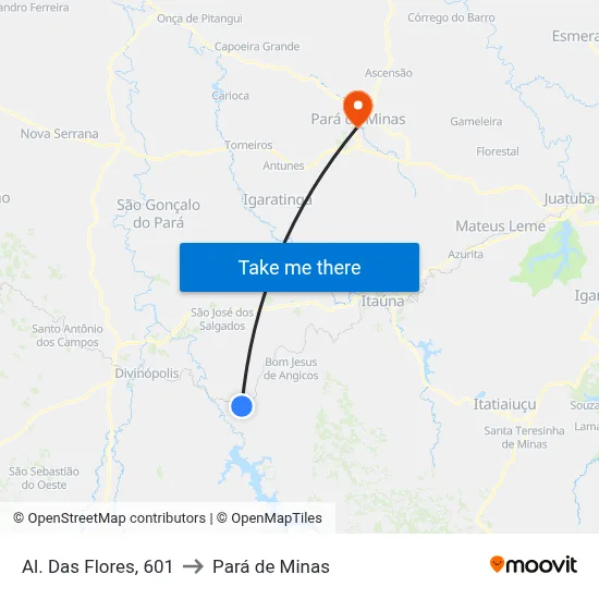 Al. Das Flores, 601 to Pará de Minas map