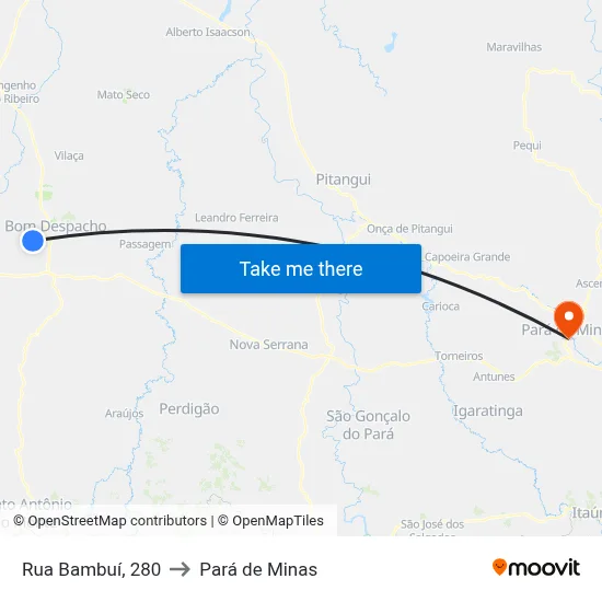 Rua Bambuí, 280 to Pará de Minas map