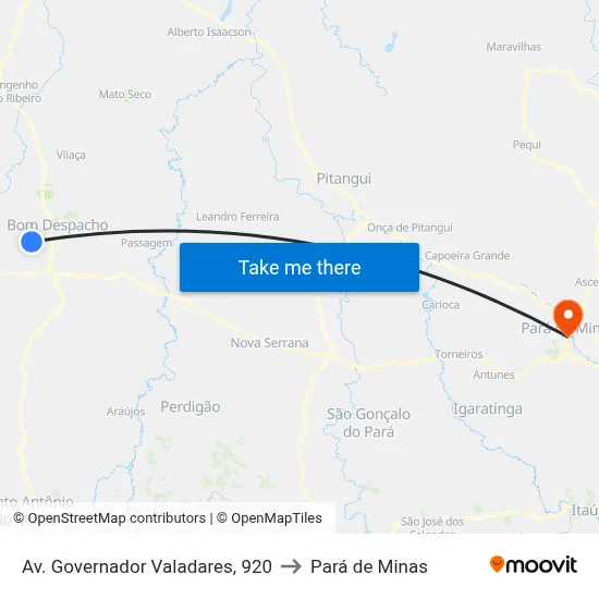 Av. Governador Valadares, 920 to Pará de Minas map