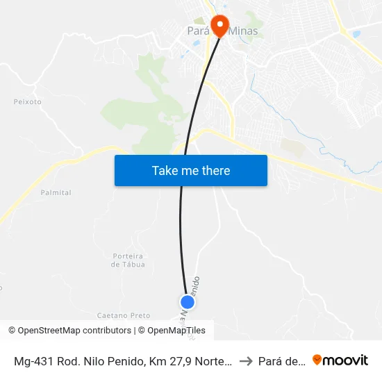 Mg-431 Rod. Nilo Penido, Km 27,9 Norte | Entrada Caetano Preto to Pará de Minas map
