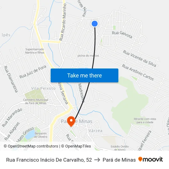 Rua Francisco Inácio De Carvalho, 52 to Pará de Minas map