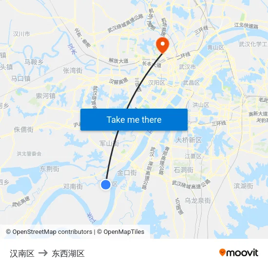 汉南区 to 东西湖区 map