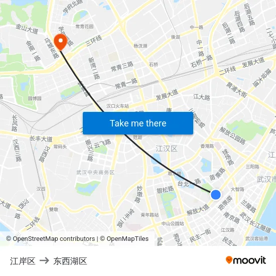 江岸区 to 东西湖区 map