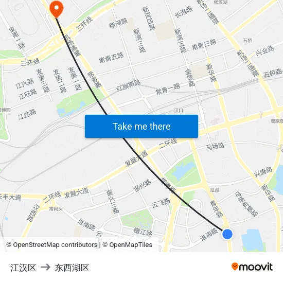 江汉区 to 东西湖区 map