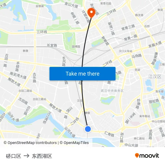 硚口区 to 东西湖区 map