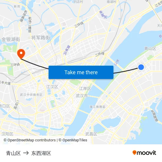 青山区 to 东西湖区 map
