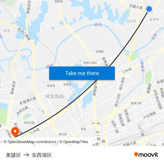 黄陂区 to 东西湖区 map