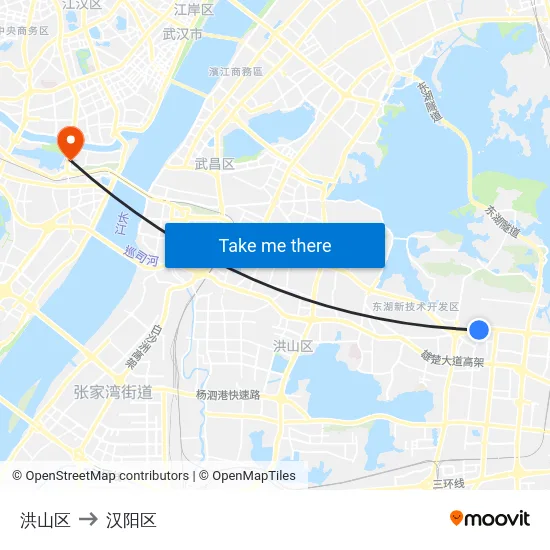 洪山区 to 汉阳区 map