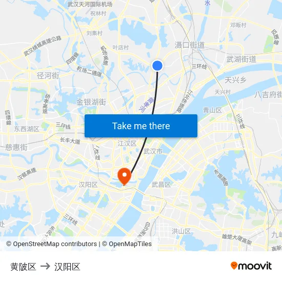 黄陂区 to 汉阳区 map