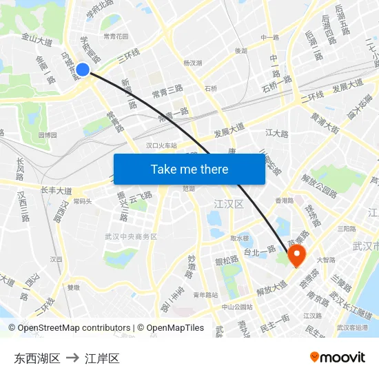 东西湖区 to 江岸区 map
