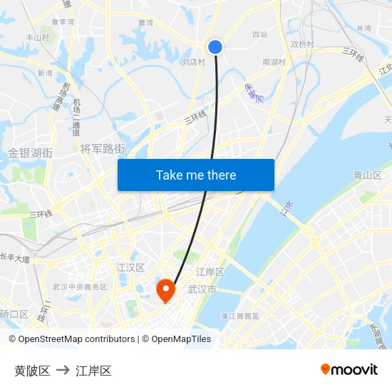 黄陂区 to 江岸区 map
