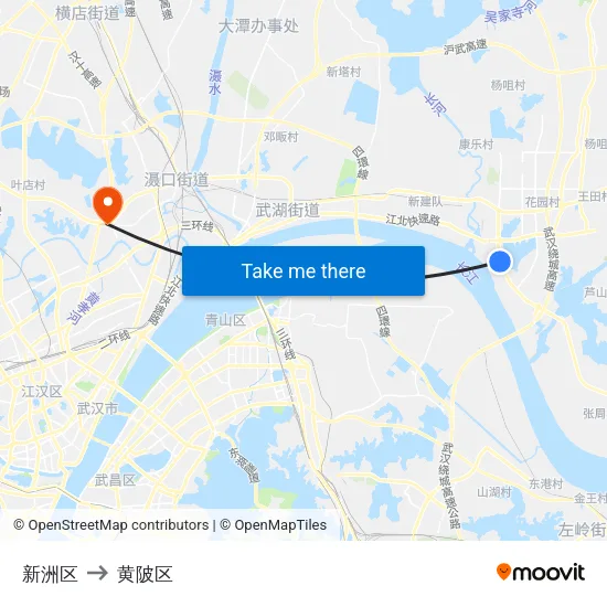 新洲区 to 黄陂区 map
