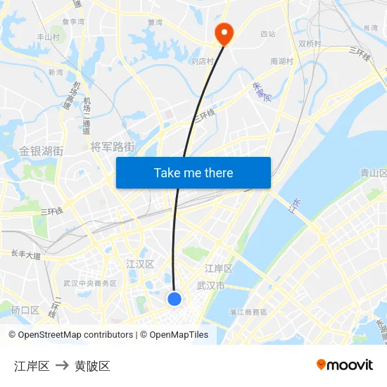 江岸区 to 黄陂区 map