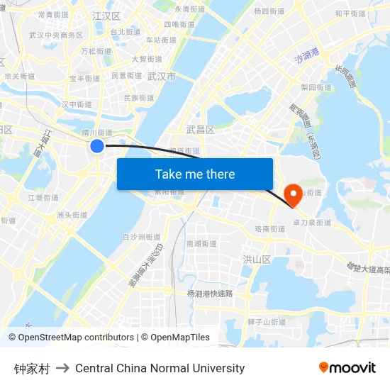 Zhong Jia Village to Central China Normal University map