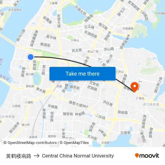 Huanghelou South Road to Central China Normal University map