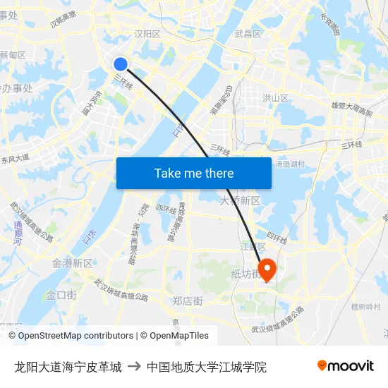 龙阳大道海宁皮革城 to 中国地质大学江城学院 map
