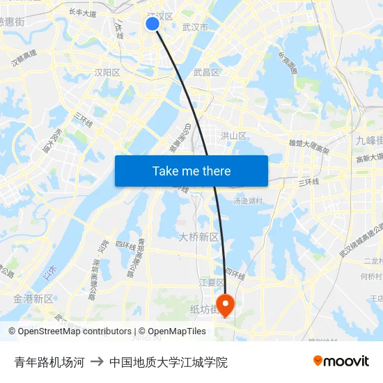 青年路机场河 to 中国地质大学江城学院 map