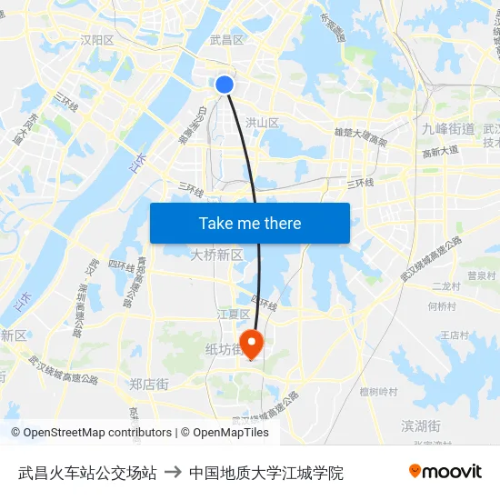 武昌火车站公交场站 to 中国地质大学江城学院 map